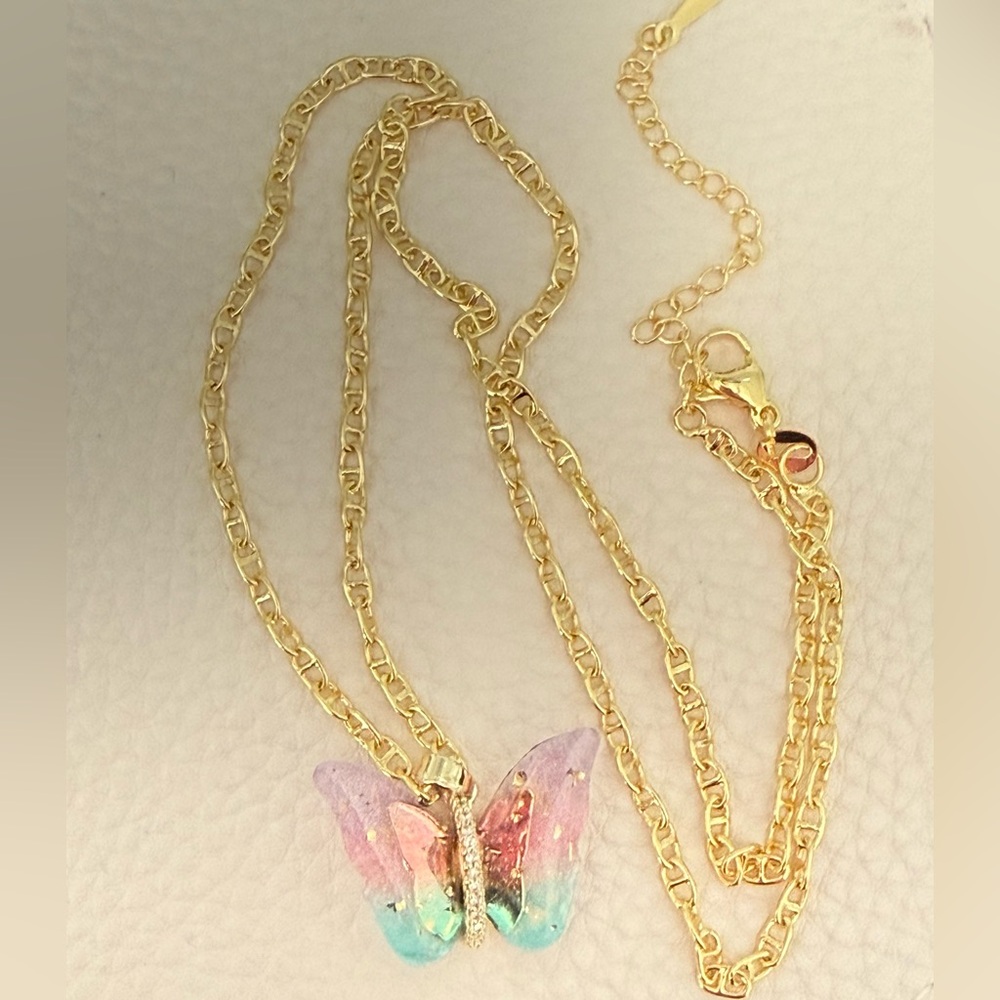 18K Gold-Plated Multicolor Butterfly Pendant on Gucci Link Chain Necklace